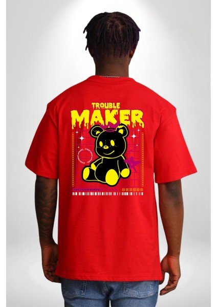 Baş Belası Teddy Kırmızı Oversize Kadın Erkek Ön ve Sırt Baskılı T-Shirt