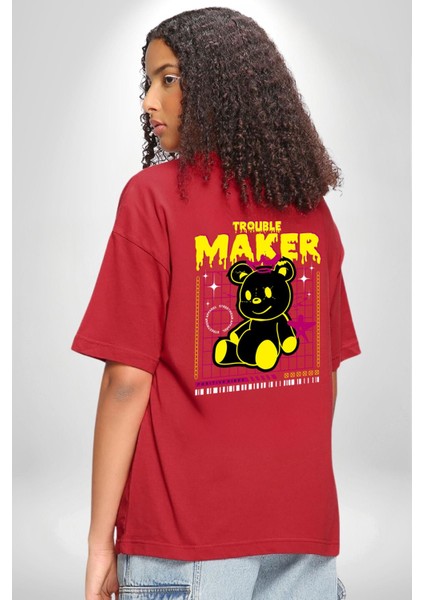 Baş Belası Teddy Kırmızı Oversize Kadın Erkek Ön ve Sırt Baskılı T-Shirt