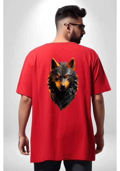 Siyah Ateşli Sinirli Kurt Kırmızı Oversize Kadın Erkek Ön ve Sırt Baskılı T-Shirt fiyatları