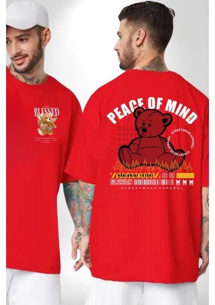 Iç Huzur Kırmızı Oversize Kadın Erkek Ön ve Sırt Baskılı T-Shirt