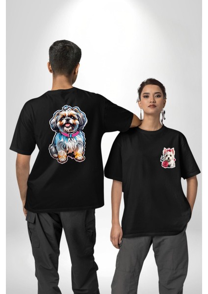 Shih Tzu Renkli Köpek Siyah Oversize Kadın Erkek Ön ve Sırt Baskılı T-Shirt