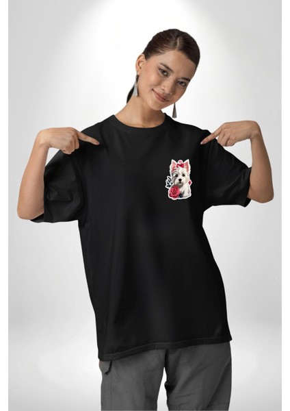 Shih Tzu Renkli Köpek Siyah Oversize Kadın Erkek Ön ve Sırt Baskılı T-Shirt
