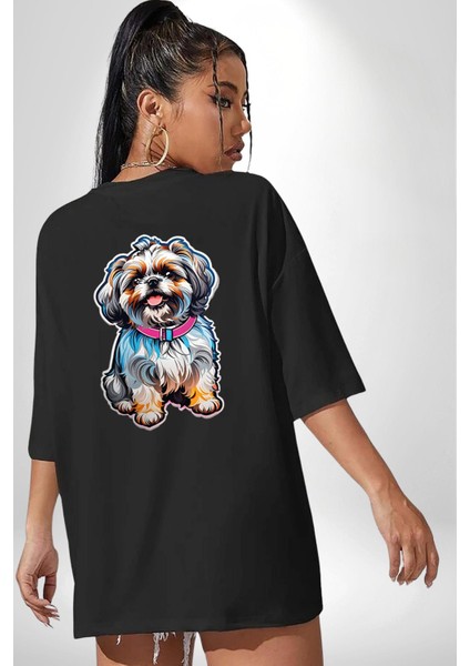Shih Tzu Renkli Köpek Siyah Oversize Kadın Erkek Ön ve Sırt Baskılı T-Shirt