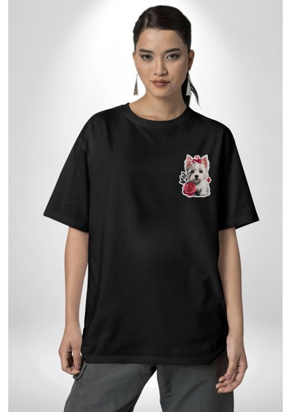 Shih Tzu Renkli Köpek Siyah Oversize Kadın Erkek Ön ve Sırt Baskılı T-Shirt