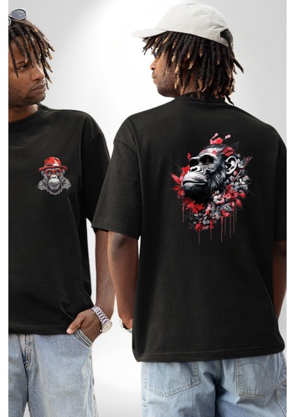 Çiçekli Goril Doğa Siyah Oversize Kadın Erkek Ön ve Sırt Baskılı T-Shirt
