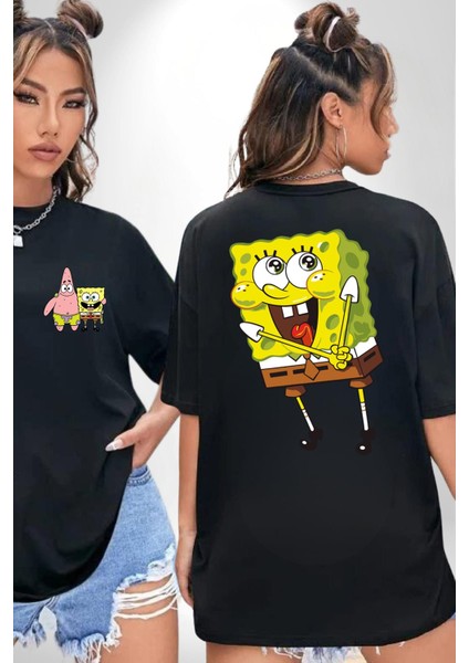 Spongebob Mutlu Karakter Siyah Oversize Kadın Erkek Ön ve Sırt Baskılı T-Shirt