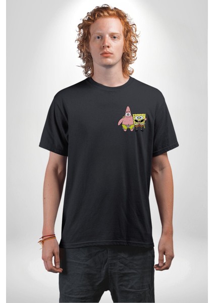 Spongebob Mutlu Karakter Siyah Oversize Kadın Erkek Ön ve Sırt Baskılı T-Shirt