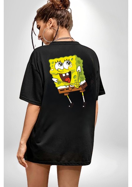 Spongebob Mutlu Karakter Siyah Oversize Kadın Erkek Ön ve Sırt Baskılı T-Shirt