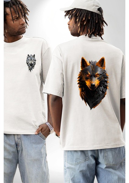 Siyah Ateşli Sinirli Kurt Beyaz Oversize Kadın Erkek Ön ve Sırt Baskılı T-Shirt