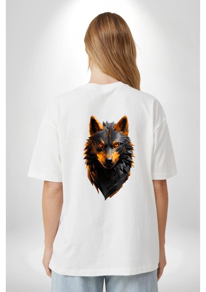 Siyah Ateşli Sinirli Kurt Beyaz Oversize Kadın Erkek Ön ve Sırt Baskılı T-Shirt fırsatları