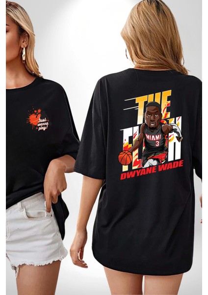 Dwyane Wade Miami Basketbol Siyah Oversize Kadın Erkek Ön ve Sırt Baskılı T-Shirt