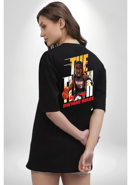 Dwyane Wade Miami Basketbol Siyah Oversize Kadın Erkek Ön ve Sırt Baskılı T-Shirt