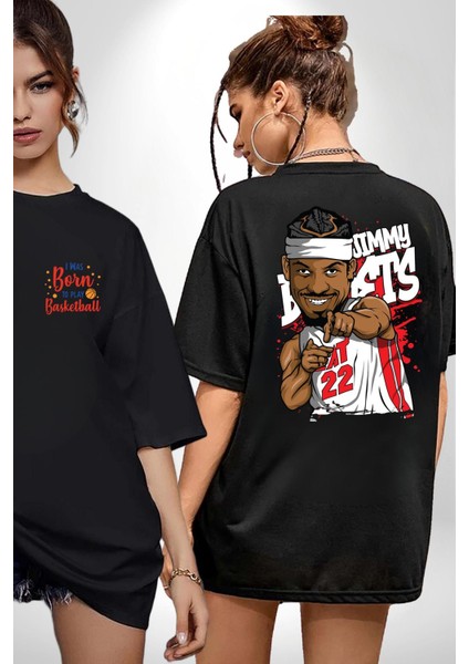 Jimmy Butler Basketbol Siyah Oversize Kadın Erkek Ön ve Sırt Baskılı T-Shirt