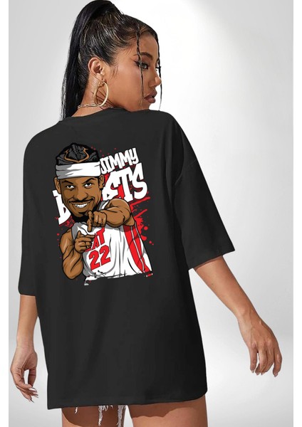 Jimmy Butler Basketbol Siyah Oversize Kadın Erkek Ön ve Sırt Baskılı T-Shirt