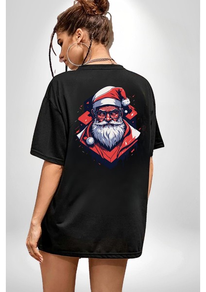 Cool Santa Claus Noel Baba Siyah Oversize Kadın Erkek Ön ve Sırt Baskılı T-Shirt modelleri