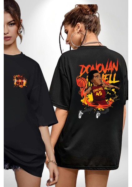 Donovan Mitchell Basketbol Karikatür Siyah Oversize Kadın Erkek Ön ve Sırt Baskılı T-Shirt