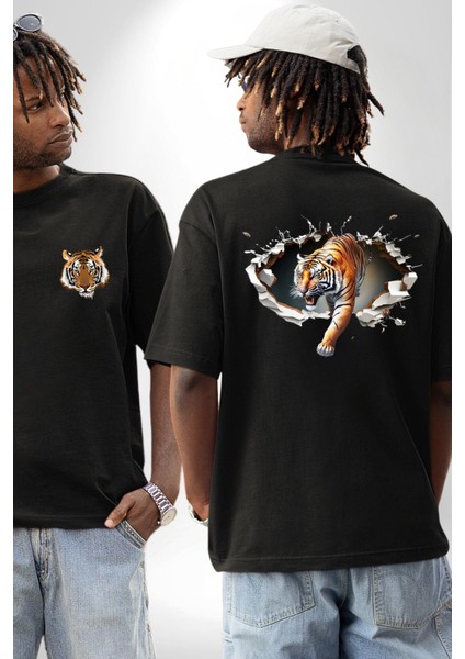 Kırık Duvar Kaplan Siyah Oversize Kadın Erkek Ön ve Sırt Baskılı T-Shirt