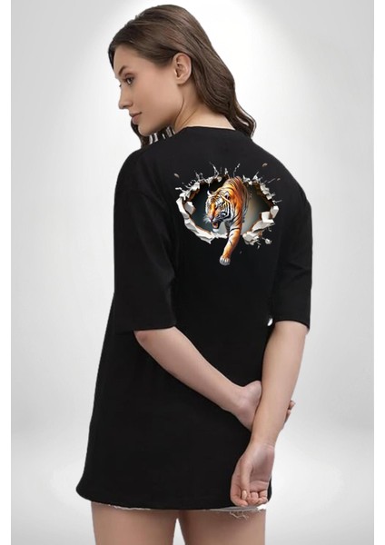 Kırık Duvar Kaplan Siyah Oversize Kadın Erkek Ön ve Sırt Baskılı T-Shirt