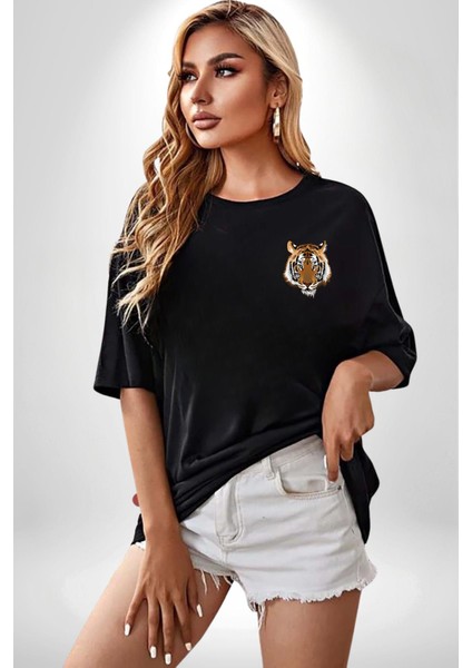 Kırık Duvar Kaplan Siyah Oversize Kadın Erkek Ön ve Sırt Baskılı T-Shirt