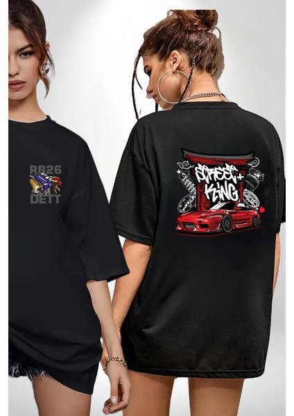 Japon Sokak Yarış Kralı Siyah Oversize Kadın Erkek Ön ve Sırt Baskılı T-Shirt