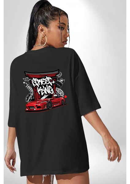 Japon Sokak Yarış Kralı Siyah Oversize Kadın Erkek Ön ve Sırt Baskılı T-Shirt modelleri