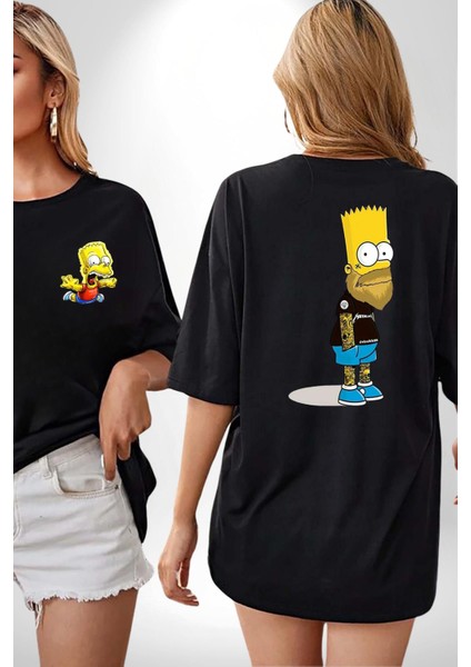 Simpson Metalica Bart Rock Siyah Oversize Kadın Erkek Ön ve Sırt Baskılı T-Shirt
