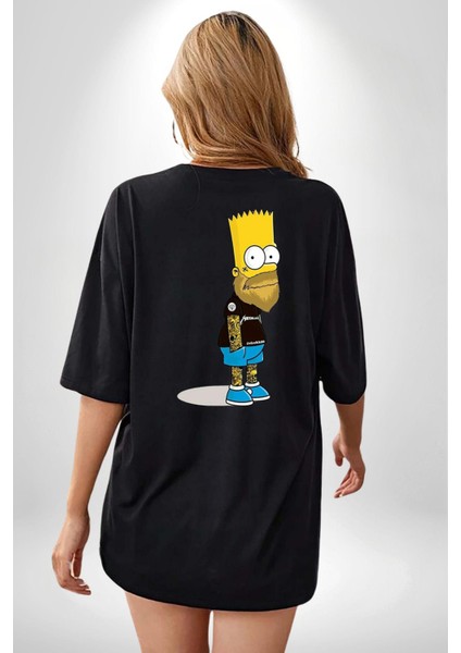 Simpson Metalica Bart Rock Siyah Oversize Kadın Erkek Ön ve Sırt Baskılı T-Shirt