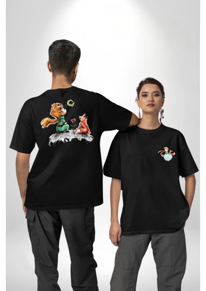Küçük Prens Siyah Oversize Kadın Erkek Ön ve Sırt Baskılı T-Shirt