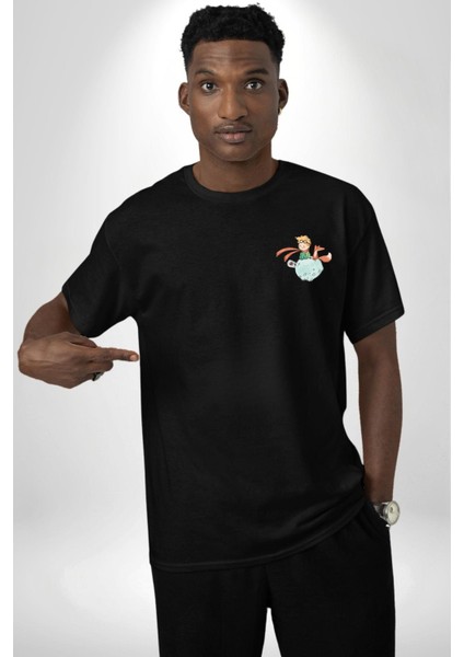 Küçük Prens Siyah Oversize Kadın Erkek Ön ve Sırt Baskılı T-Shirt