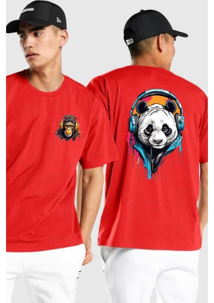 Kulaklık Ayı Panda Kırmızı Oversize Kadın Erkek Ön ve Sırt Baskılı T-Shirt
