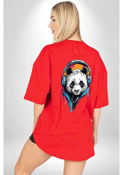 Kulaklık Ayı Panda Kırmızı Oversize Kadın Erkek Ön ve Sırt Baskılı T-Shirt fiyatları