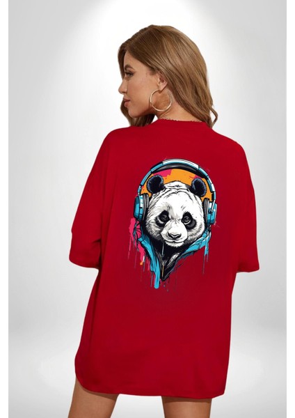 Kulaklık Ayı Panda Kırmızı Oversize Kadın Erkek Ön ve Sırt Baskılı T-Shirt fırsatları