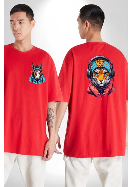 Kulaklık Kedi Leopar Bandana Kırmızı Oversize Kadın Erkek Ön ve Sırt Baskılı T-Shirt