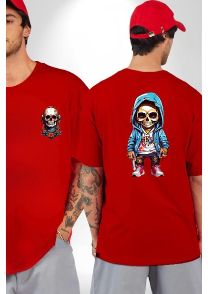 Hiphop Kurukafa Hoodie Kırmızı Oversize Kadın Erkek Ön ve Sırt Baskılı T-Shirt