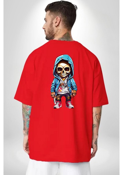Hiphop Kurukafa Hoodie Kırmızı Oversize Kadın Erkek Ön ve Sırt Baskılı T-Shirt fiyatları