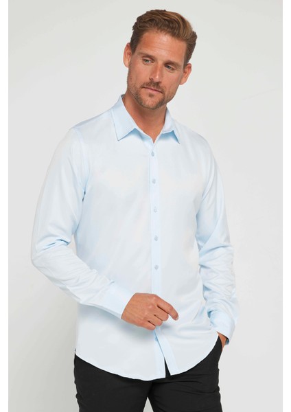 Slim Fit Uzun Kollu Kolay Ütü Teri Emen Nefes Alan Doku Kravatlık Dört Mevsim Mavi Erkek Gömlek