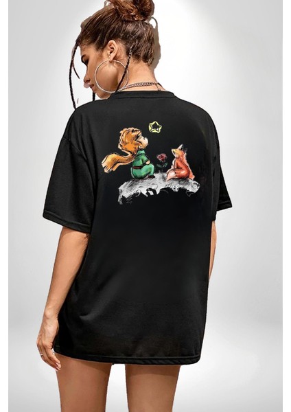 Küçük Prens Siyah Oversize Kadın Erkek Ön ve Sırt Baskılı T-Shirt