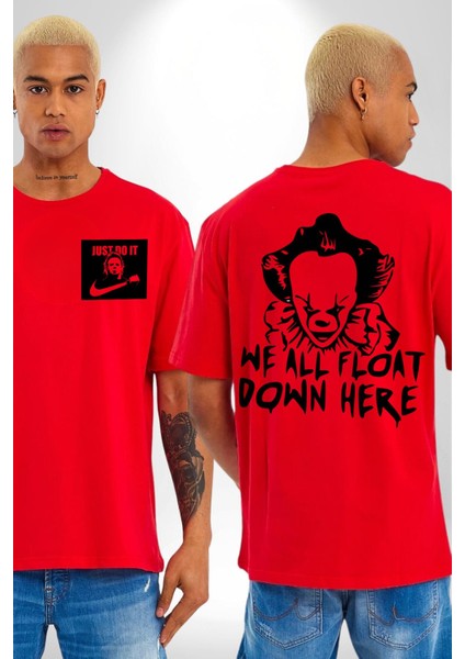 Korkunç Palyaço Korku Film Kırmızı Oversize Kadın Erkek Ön ve Sırt Baskılı T-Shirt