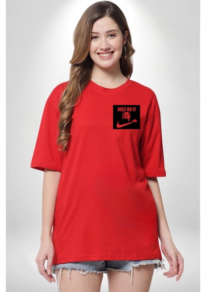 Korkunç Palyaço Korku Film Kırmızı Oversize Kadın Erkek Ön ve Sırt Baskılı T-Shirt modelleri