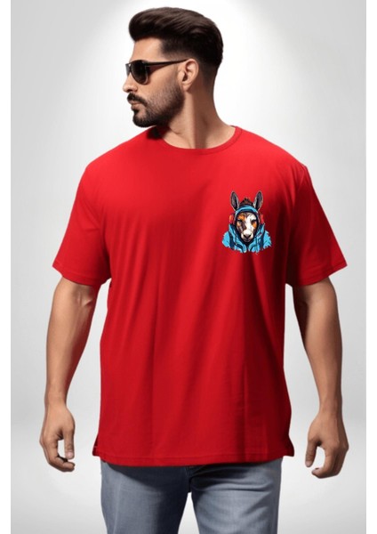 Kulaklık Kedi Leopar Bandana Kırmızı Oversize Kadın Erkek Ön ve Sırt Baskılı T-Shirt modelleri