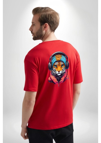 Kulaklık Kedi Leopar Bandana Kırmızı Oversize Kadın Erkek Ön ve Sırt Baskılı T-Shirt fırsatları