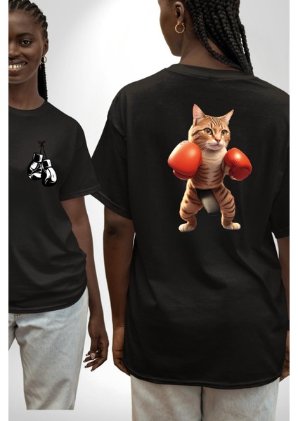 Boks Yapan Kedi Siyah Oversize Kadın Erkek Ön ve Sırt Baskılı T-Shirt