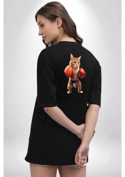 Boks Yapan Kedi Siyah Oversize Kadın Erkek Ön ve Sırt Baskılı T-Shirt