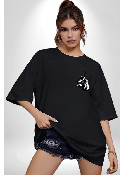 Boks Yapan Kedi Siyah Oversize Kadın Erkek Ön ve Sırt Baskılı T-Shirt