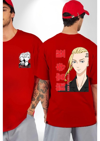 Ken Ryugujı Anime Tokyo Intikamcıları Kırmızı Oversize Kadın Erkek Ön ve Sırt Baskılı T-Shirt