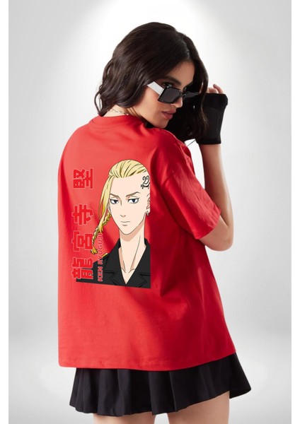 Ken Ryugujı Anime Tokyo Intikamcıları Kırmızı Oversize Kadın Erkek Ön ve Sırt Baskılı T-Shirt fiyatları