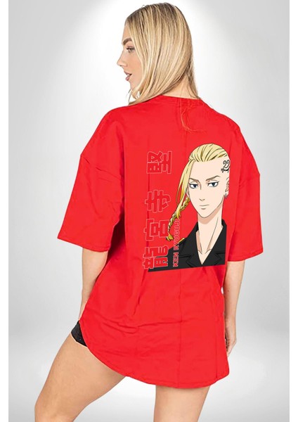 Ken Ryugujı Anime Tokyo Intikamcıları Kırmızı Oversize Kadın Erkek Ön ve Sırt Baskılı T-Shirt fırsatları