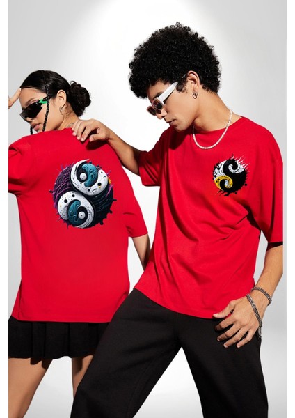 Renkli Yin Ile Yang Kuramı Kırmızı Oversize Kadın Erkek Ön ve Sırt Baskılı T-Shirt