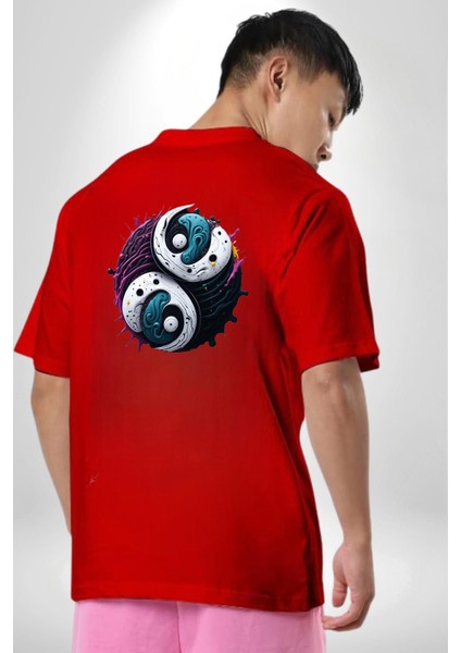 Renkli Yin Ile Yang Kuramı Kırmızı Oversize Kadın Erkek Ön ve Sırt Baskılı T-Shirt fırsatları