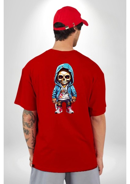 Hiphop Kurukafa Hoodie Kırmızı Oversize Kadın Erkek Ön ve Sırt Baskılı T-Shirt fırsatları